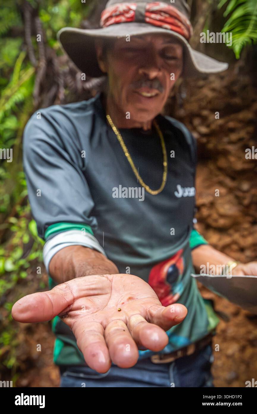Costa Rica, Provinz Puntarenas, Halbinsel Osa, Rancho Quemado, Juan CUBILLO setzt die traditionellen Praktiken lokaler Goldsucher fort, um diese Bräuche und Traditionen an die Besucher weiterzugeben. Stockfoto