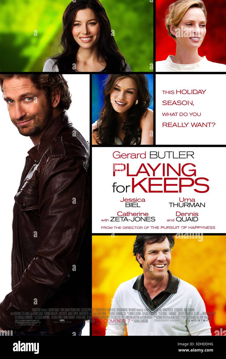Play for Keys (2012) von Gabriele Muccino mit Gerard Butler, Jessica Biel und Catherine Zeta-Jones. Ein ehemaliger Profi-Fußballspieler hat Schwierigkeiten, sein Leben wieder aufzubauen und sich wieder mit seinem entfremdeten Sohn zu verbinden, während er die Fußballmannschaft seiner Tochter trainiert und dabei Liebe und Erlösung findet. US-Poster NUR FÜR REDAKTIONELLE ZWECKE. Quelle: BFA / FilmDistrict Stockfoto