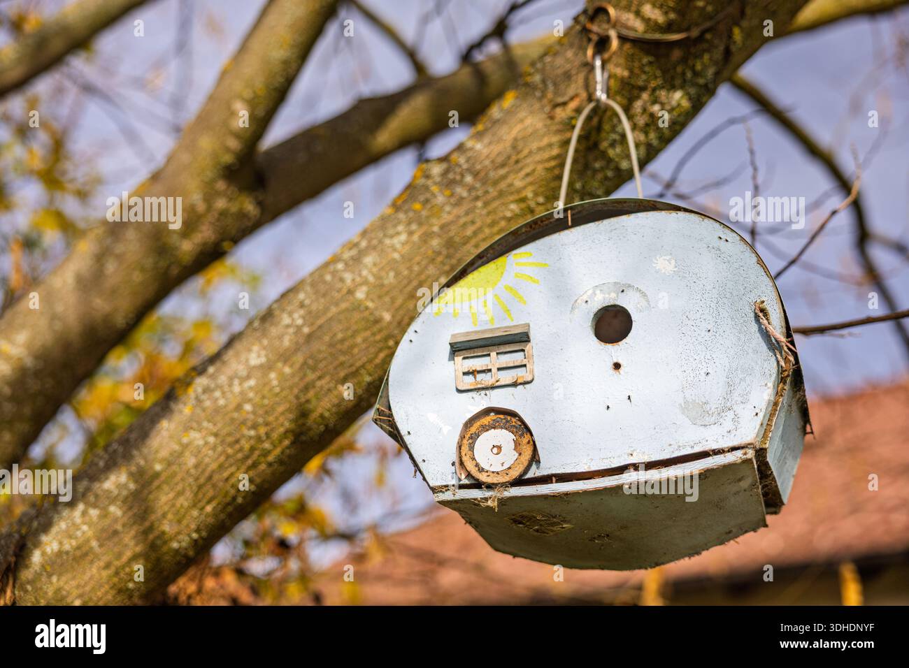 Ein verwittertes, runder Vogelhäuschen aus Metall hängt an einem Baumzweig und zeigt eine bemalte Sonne. Perfekte rustikale Einrichtung für Gärten, Gärten und Gärten sowie ein naturinspiriertes Spa Stockfoto