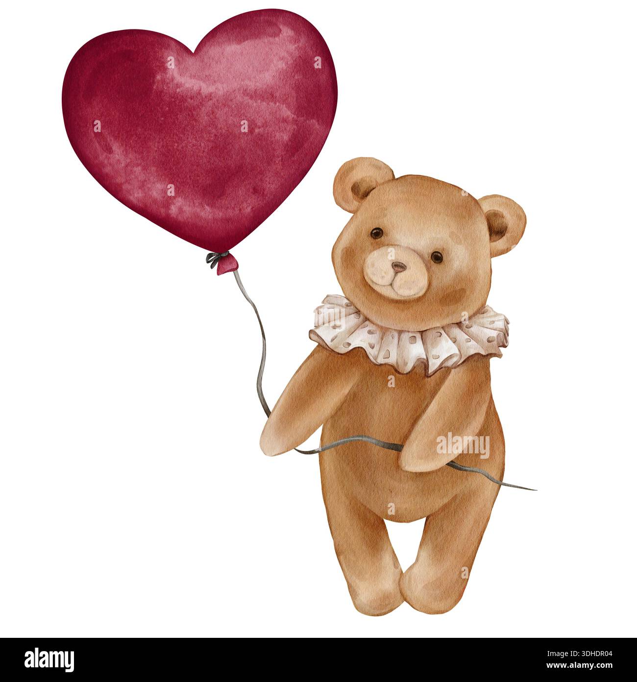 Aquarellfarben niedlicher Teddybär mit Ballonform rosa Herz. Valentine Brown Bärenspielzeug mit Vintage-Jabot-Kragen. Illustration handgezeichnet im Retro Stockfoto