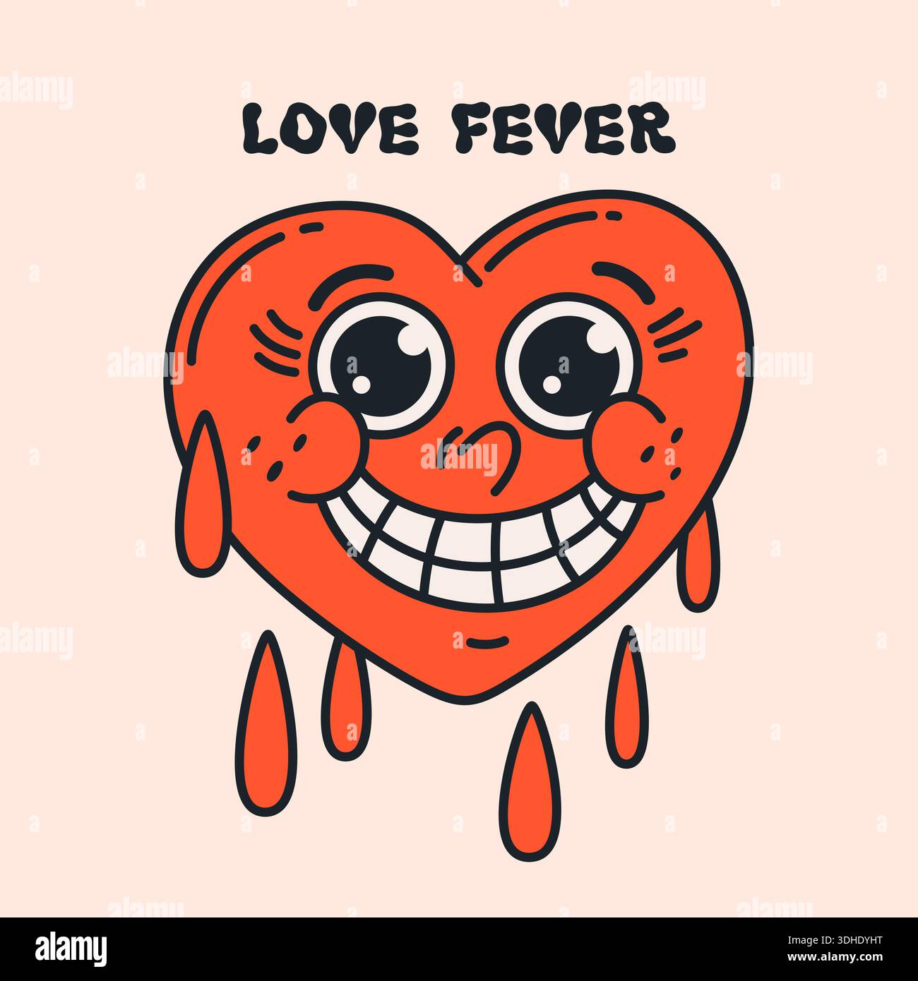 Lächelnde tropfende Herz-Zeichentrickillustration im Retro-groovigen Stil mit lustigem Gesicht, perfekt für Valentinstag-Designs. Liebe Fieber Herzcharakter mit Stock Vektor