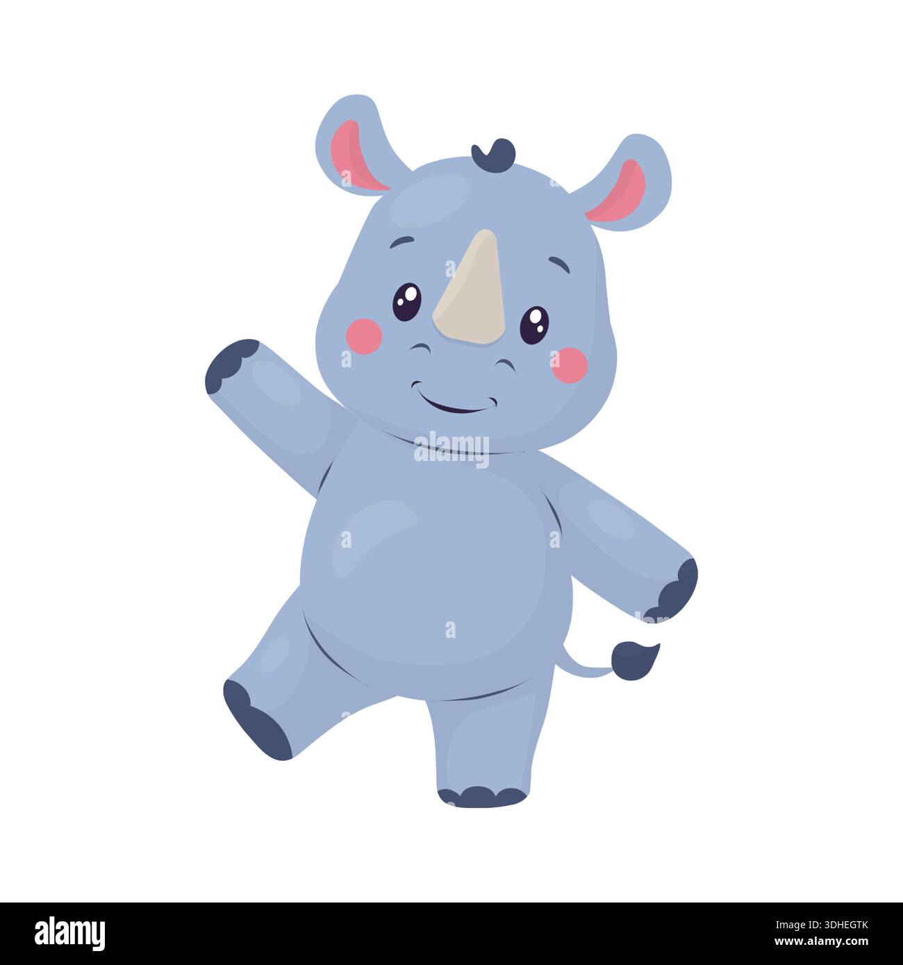 Ein niedliches Nashorn winkt mit der Pfote und lächelt. Eine Kinderillustration im flachen Vektorstil. Der Charakter ist für Zoos und Safarifahrten geeignet Stock Vektor