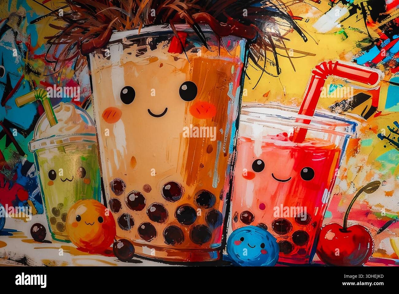 Cartoon Bubble Tea Trio mit lächelnden Gesichtern und Früchten vor Graffiti-Hintergrund Stockfoto
