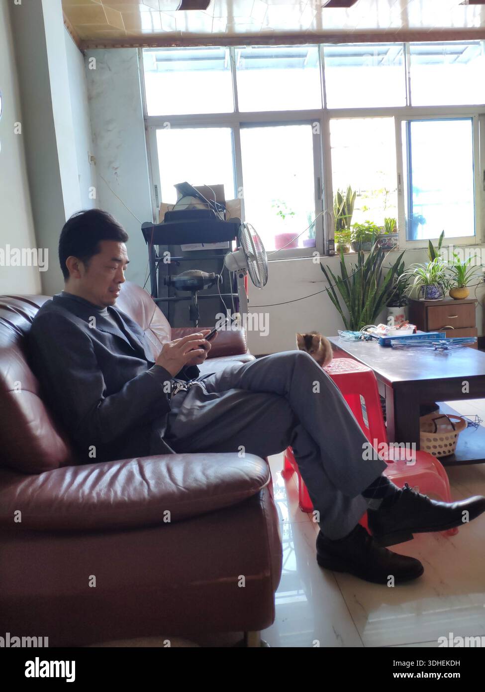 Mann, der sich zu Hause auf einem Ledersofa entspannt, mit dem Smartphone Stockfoto