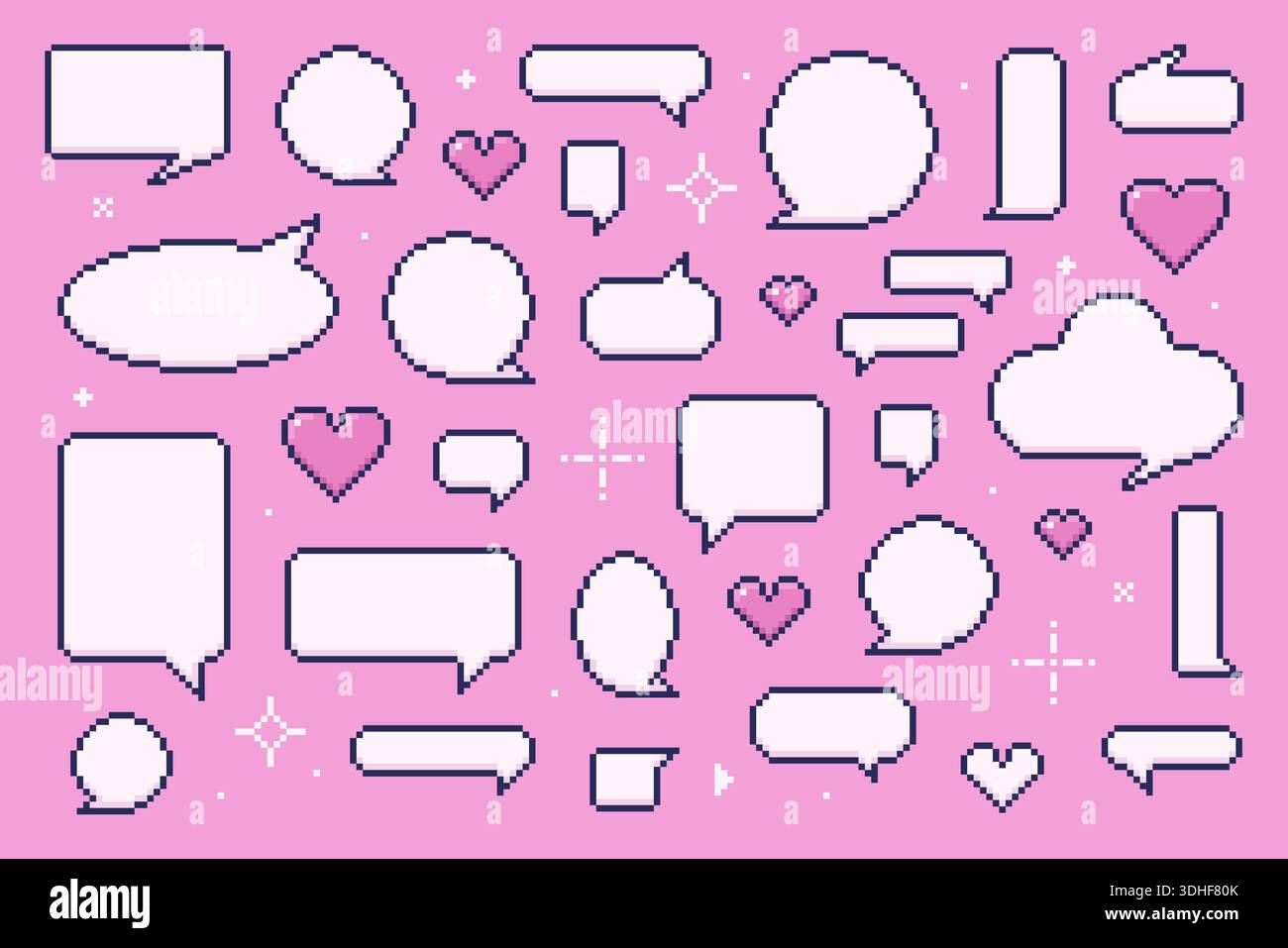 Pixel Art Sprechblasen und Herzen gesetzt Stock Vektor