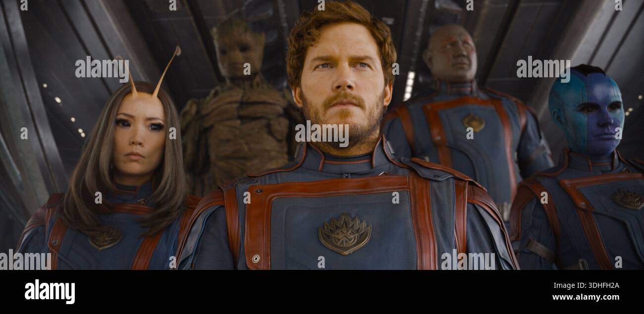 Guardians of the Galaxy Vol. 3 (2023) Pom Klementieff als Mantis Chris Pratt als Peter Quill / Star-Lord Dave Bautista als Drax the Destroyer Karen G Stockfoto