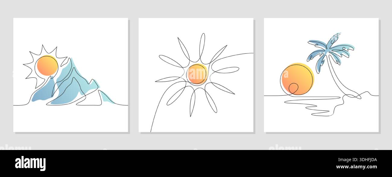 Vektor-Kritzelung durchgehende einzeilige Kunstzeichnung von Berg, Sonne, Meer und Insel mit Palme. Minimalistische, lineare Sommersilhouetten. Einzelne dünne Konturen von Wettersymbolen oder Naturelementen Poster, Banner Stock Vektor