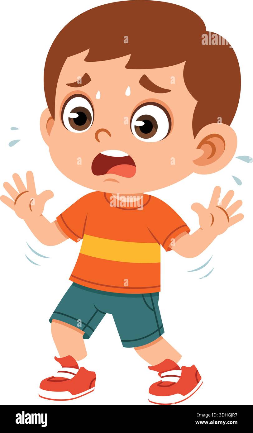 Flache Illustration eines verängstigten Jungen, der mit einem furchtbaren Ausdruck rückwärts geht. Stock Vektor