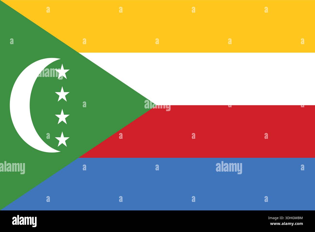 Komoren Nationalflagge flache Vektor-Illustration. Flache Vektorillustration der komoren Flagge mit grünem Dreieck mit Sichel und Sternen. Stock Vektor