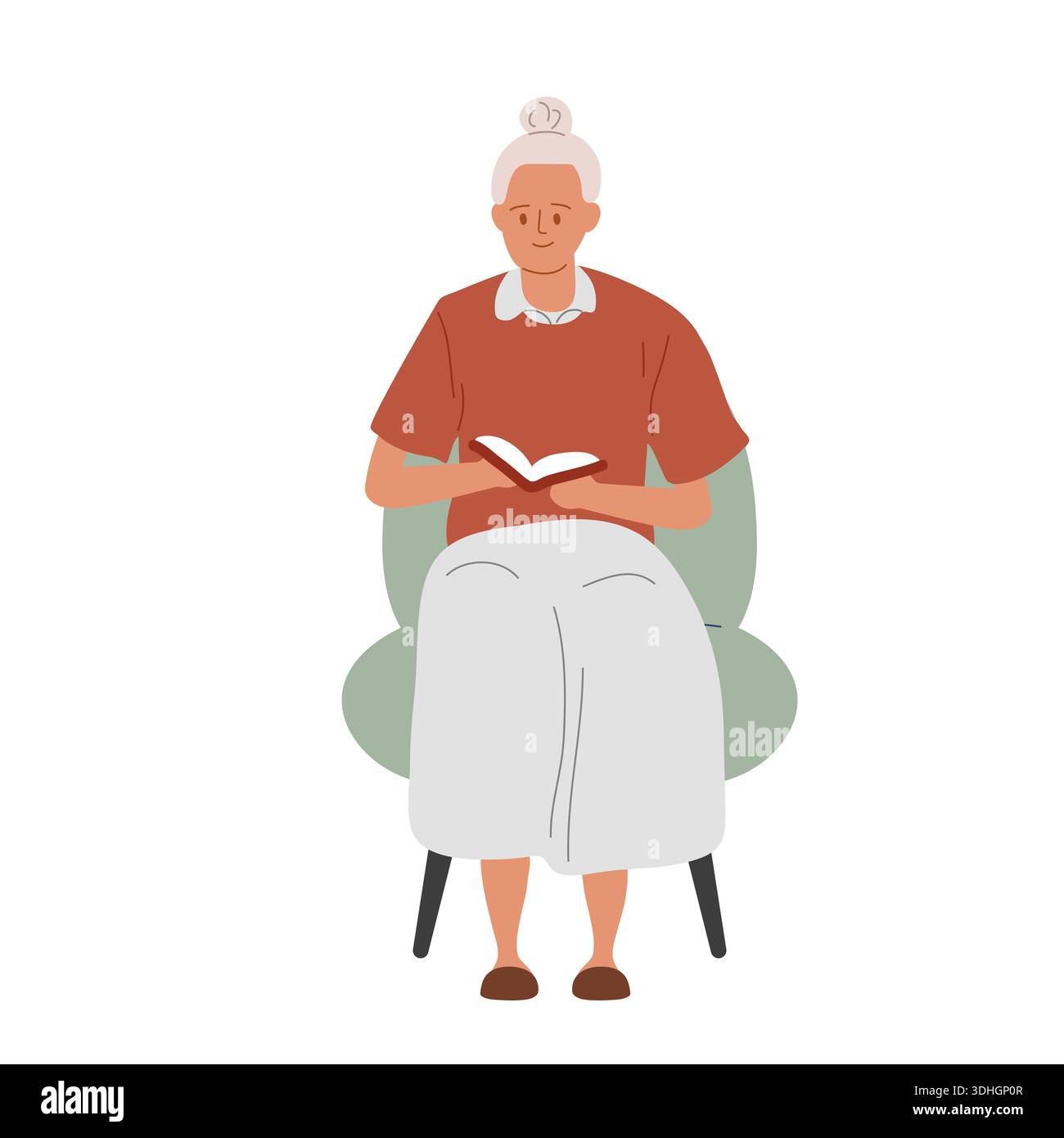 Großmutter mit grauen Haaren, die auf einem gepolsterten Stuhl sitzt und ein Buch liest. Das gewöhnliche Leben der Rentner. Vektorabbildung Stock Vektor