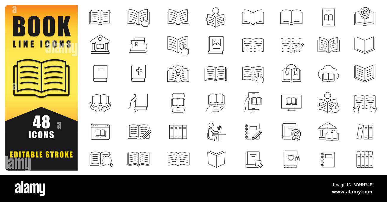 Buchzeile Symbolsatz Mit Lesen, Bildung, Bibliothek, Lernen, Digitale Bücher, Studien-, Wissens- Und Literaturkonzepte Mit Bearbeitbarem Stroke Desig Stock Vektor