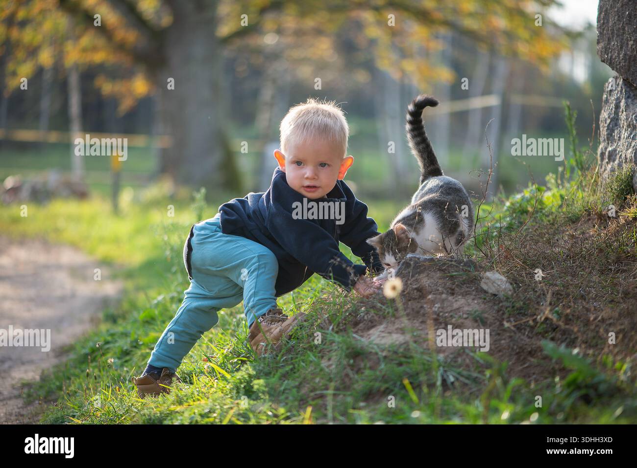 Das Kleinkind lehnt sich an einem grasbewachsenen Hang nach vorne, während eine Katze am Boden schnüffelt, was die Neugier, das Gleichgewicht und die frühe Interaktion mit Tieren veranschaulicht Stockfoto