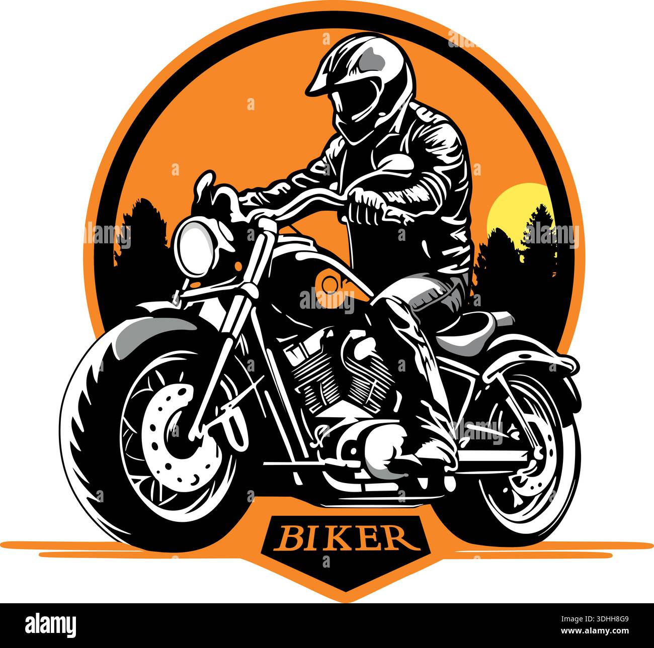 Stilisierte Illustration eines Motorradfahrers, der einen Helm trägt, der ein maßgeschneidertes Motorrad fährt, in Schwarz-weiß auf orangefarbenem Hintergrund mit einer Settin gerendert Stock Vektor