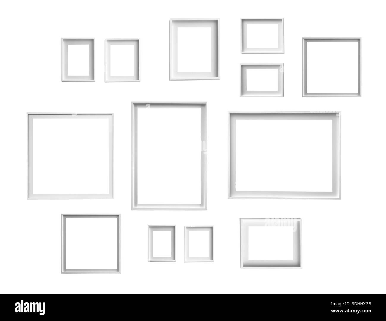 Rahmen Galerie Wand, moderne Innenarchitektur mit leeren weißen Bild- und Postervorlagen. Minimalistisches Ausstellungslayout für Kunstwerke, Werbung oder cre Stockfoto