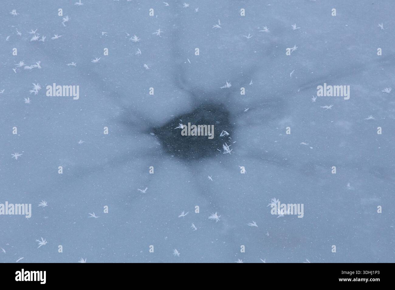 Muster auf einem gefrorenen See mit wunderschönen Schneeflocken oben Stockfoto