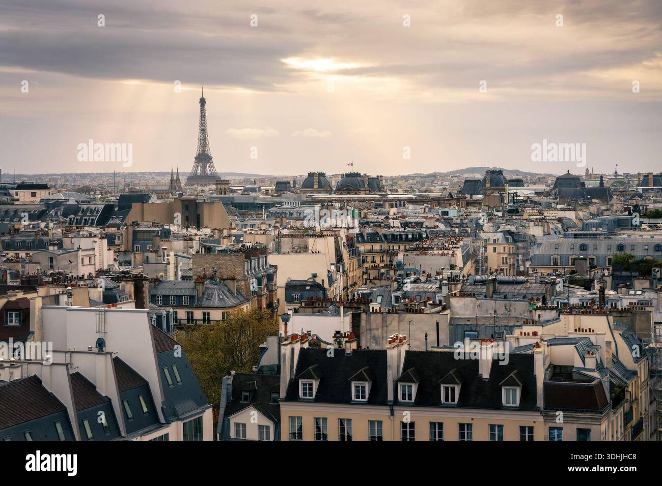 Eiffelturm und die Dächer von Paris, aus der Vogelperspektive vom Centre Pompidou (oder Beaubourg) Stockfoto