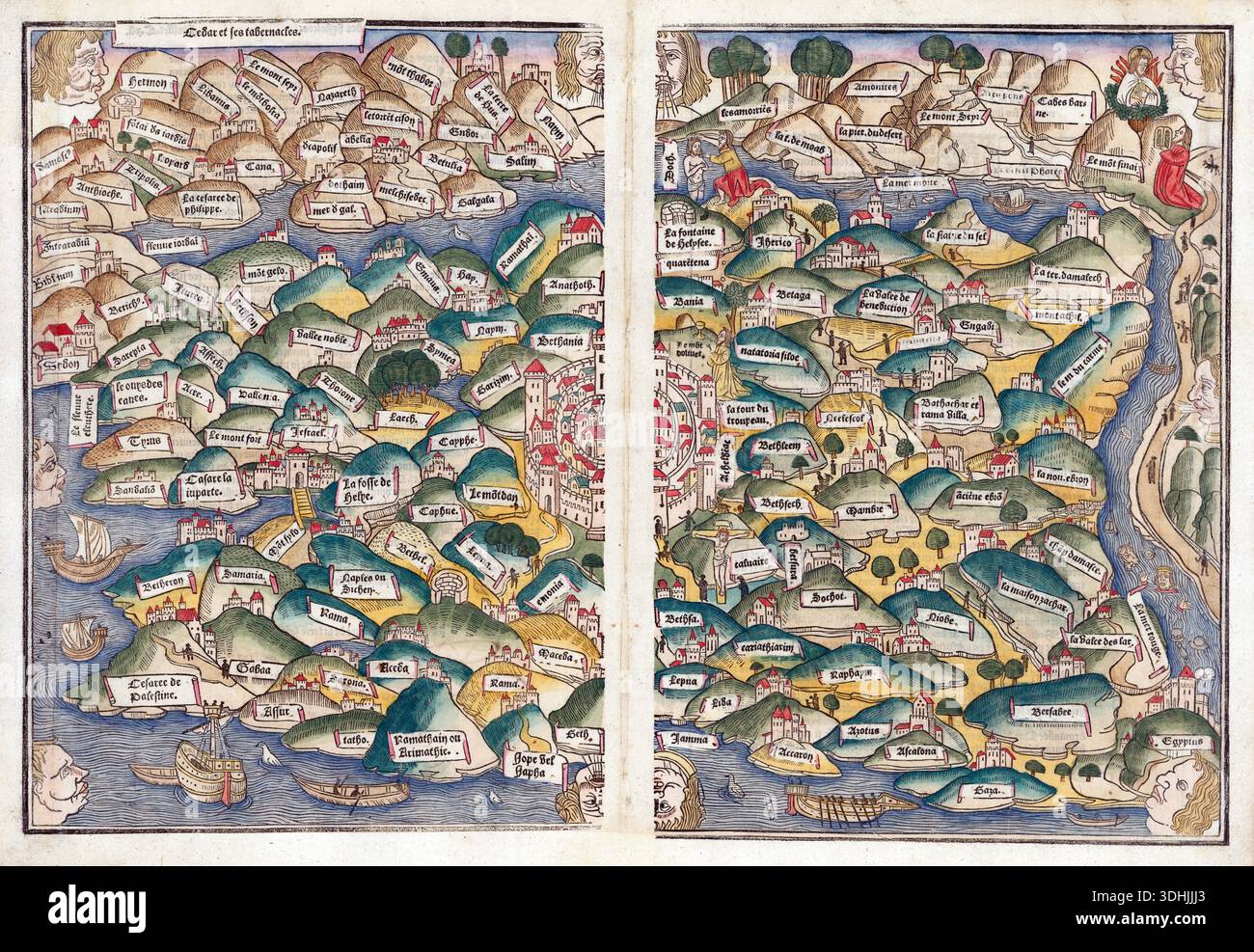 Diese antike handkolorierte Holzschnittkarte mit dem Titel „Burchard of Mount Sion Map of the Holy Land“ aus dem Jahr 1491 zeigt eine detaillierte und stilisierte Darstellung des Heiligen Landes. Mit Städten, Bergen, Flüssen und dem Toten Meer verbindet es geografische Informationen mit religiösen und historischen Referenzen, die charakteristisch für die Kartographie aus der frühen Erkundungszeit sind. Stockfoto