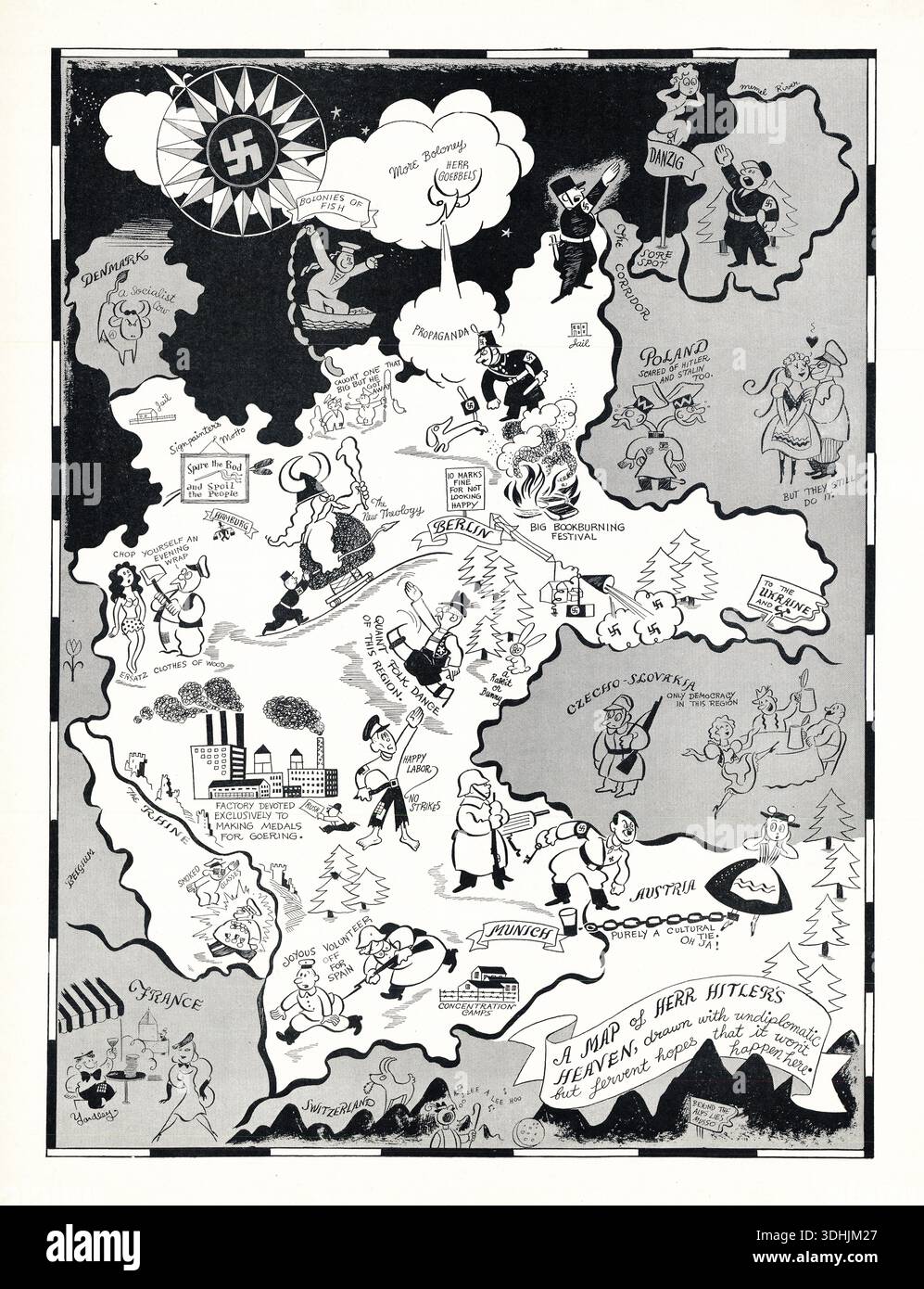 Dieser alte politische Zeichentrick der 1930er Jahre mit dem Titel „Eine Karte des Himmels von Herrn Hitler“ satirisiert Hitlers Ambitionen und die Politik des Nazi-Regimes in ganz Europa. Die Illustration zeigt anhand von Karikaturen und symbolischen Bildern verschiedene Länder und ihre unglücklichen Schicksale unter dem Einfluss der Nazis, mit sardonischen Unterschriften, die Propaganda, Unterdrückung und expansionistische Ziele wie das „große Bücherverbrennungsfest“ in Berlin und Konzentrationslager in der Nähe von München hervorheben. Stockfoto