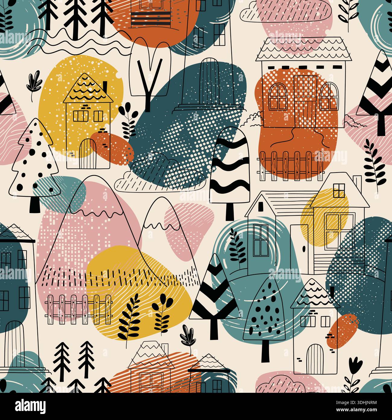 Bunte Dorf und Bäume Vektor nahtlose Musterskizze Stock Vektor