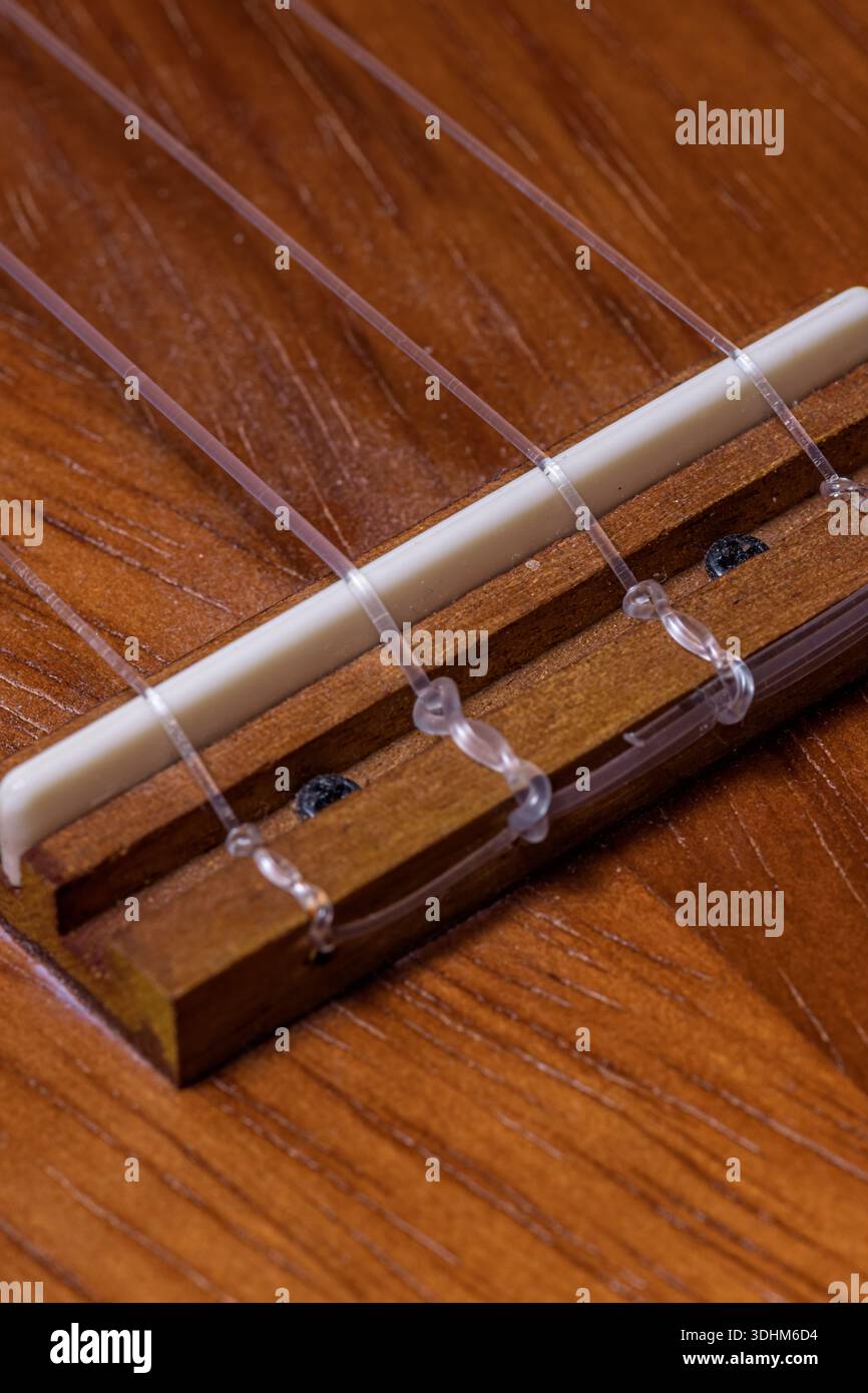 Ukulelbrücke. Nylonfäden, die an der Ukulele-Brücke gebunden sind. Tiefe des Feldes, Details einer hölzernen Ukulele Stockfoto