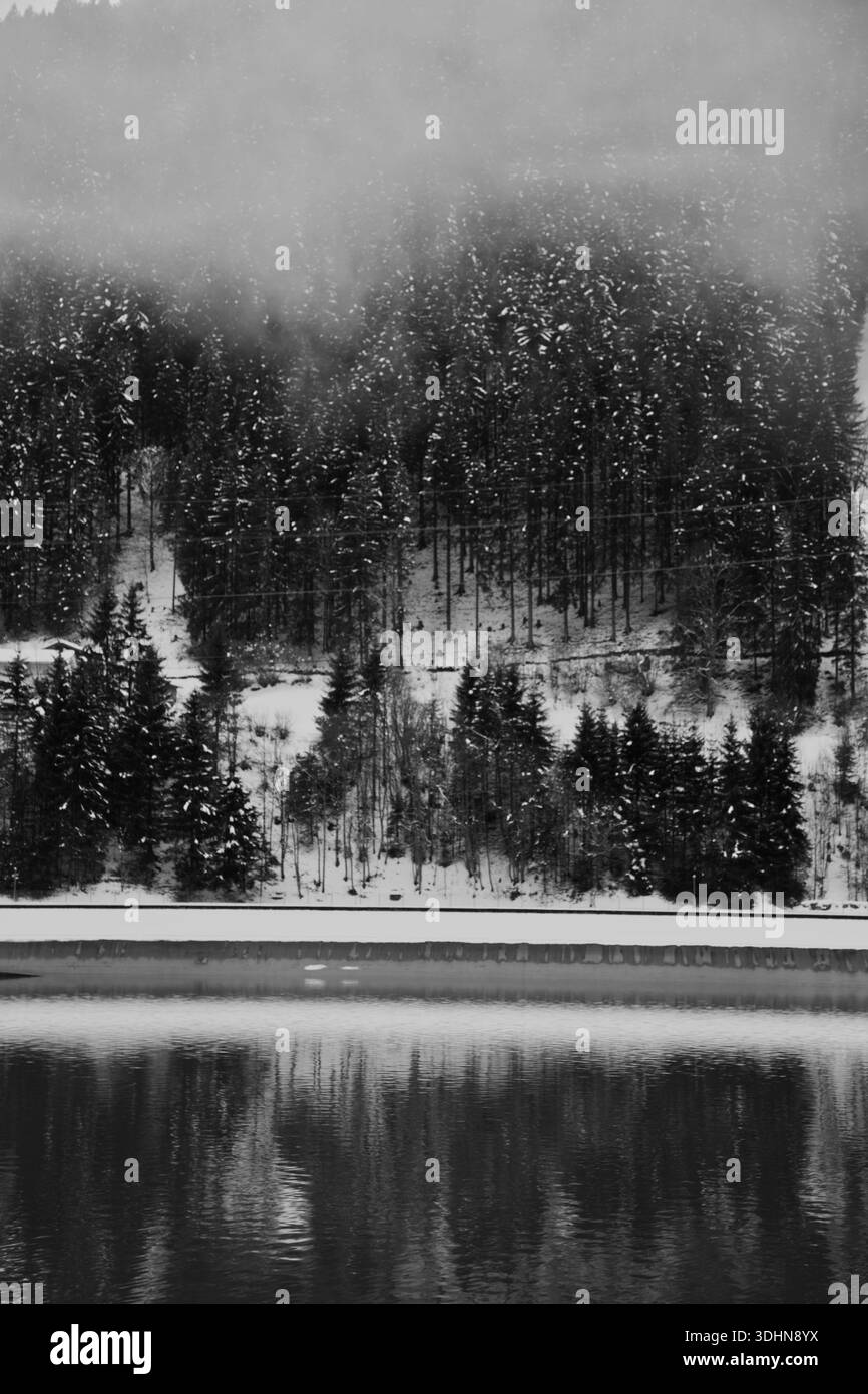 Ein ruhiger Winterblick auf einen verschneiten Wald, der sich im ruhigen Wasser spiegelt. Stockfoto