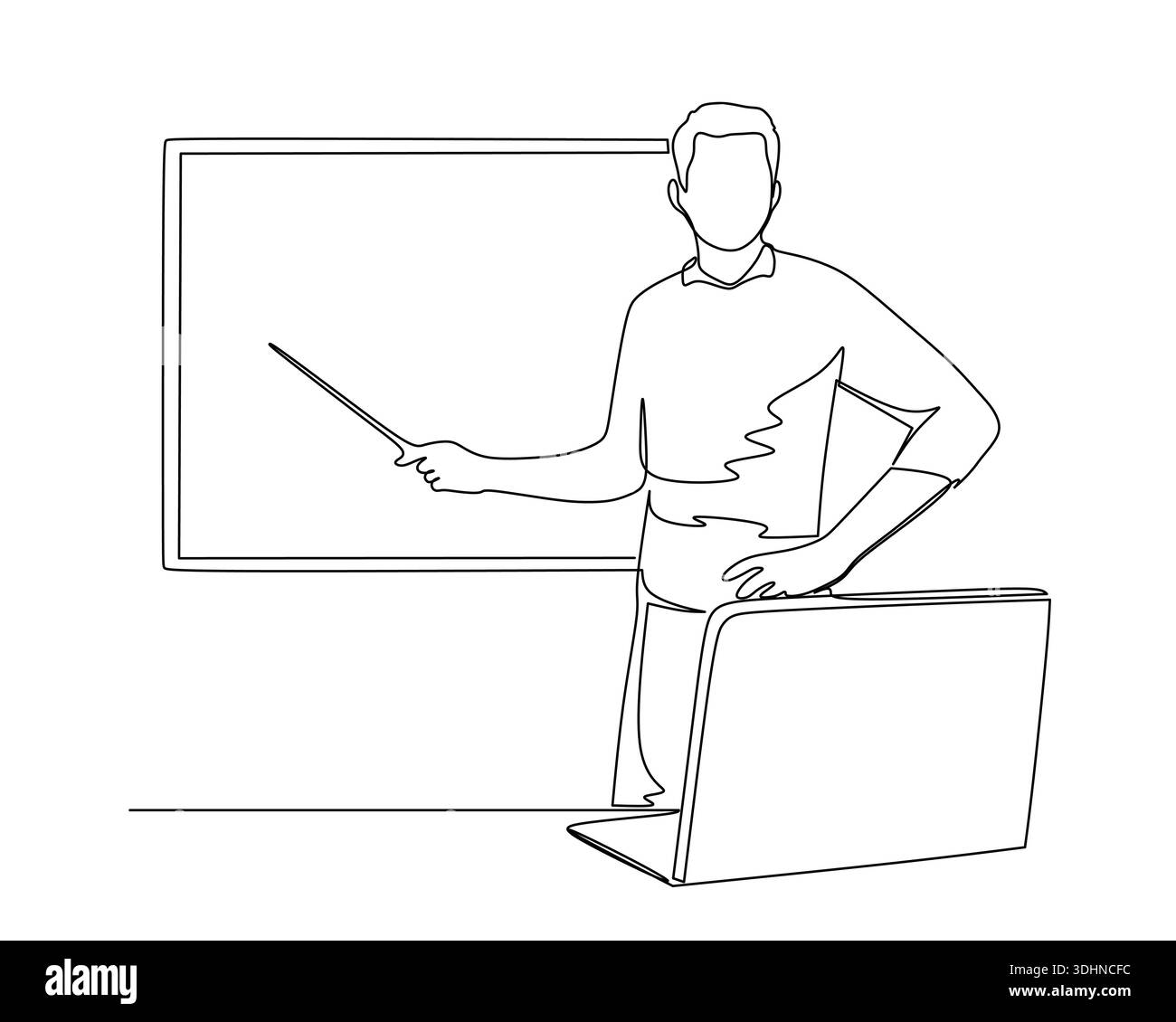 Die einzeilige Darstellung zeigt einen männlichen Lehrer oder Moderator, der einen Zeiger hält, neben einem Whiteboard steht und ein Laptop-Konzept für Bildung und Online-Lernen bietet Stock Vektor