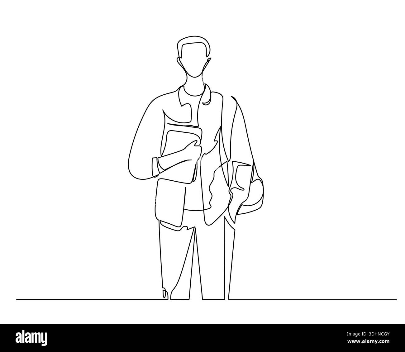 Kontinuierliche Strichgrafik-Illustration mit einer männlichen Figur, die steht, Bücher oder Dokumente hält und eine Tasche trägt, die einen Studenten oder Profi darstellt Stock Vektor