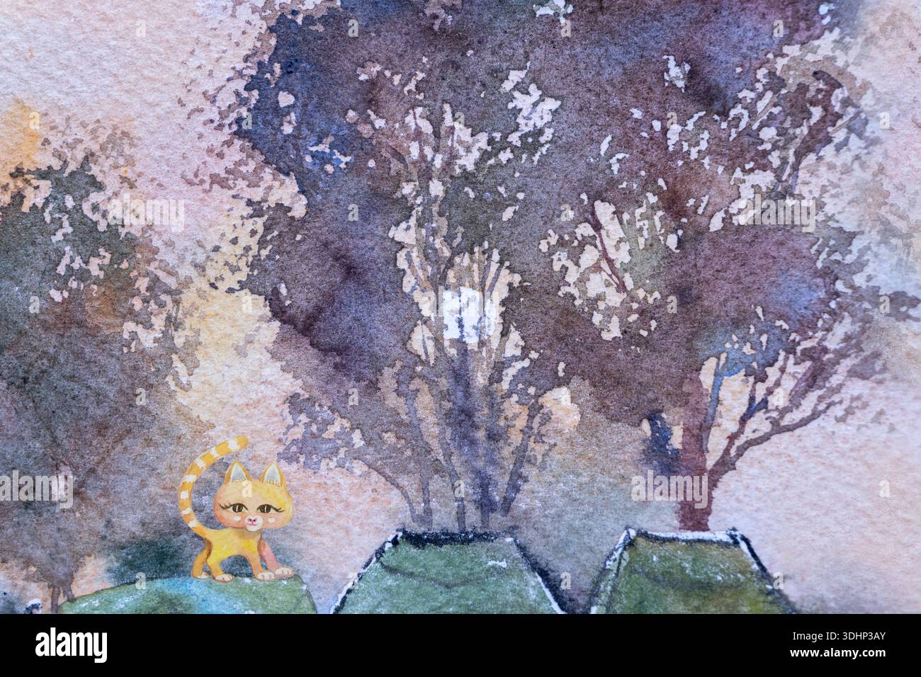 Katzengelb mit abstrakten Bäumen Natur. Aquarellgemälde Vintage-Art florale Katze auf Topf im Garten, farbenfrohe moderne Farbe. Handgezeichnetes Gemälde Stockfoto