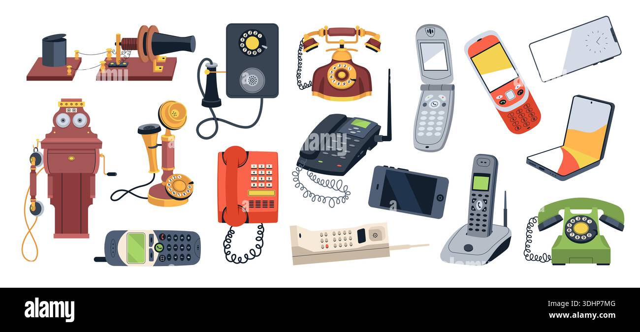 Die Evolution von Telefonen. Von Vintage-Modellen mit Mobilteilen, Discs bis hin zu modernen Smartphones – Geräte verschiedener Designs für Ferngespräche Stock Vektor
