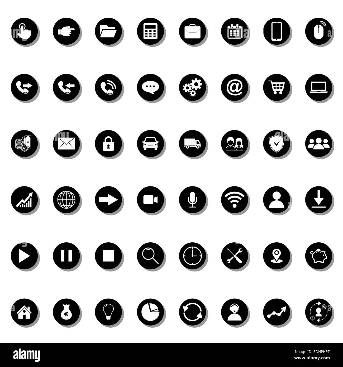Satz von Web-Symbolen für Unternehmen, Finanzen und Kommunikation Schwarzweiß isoliert auf weißem Hintergrund Stock Vektor