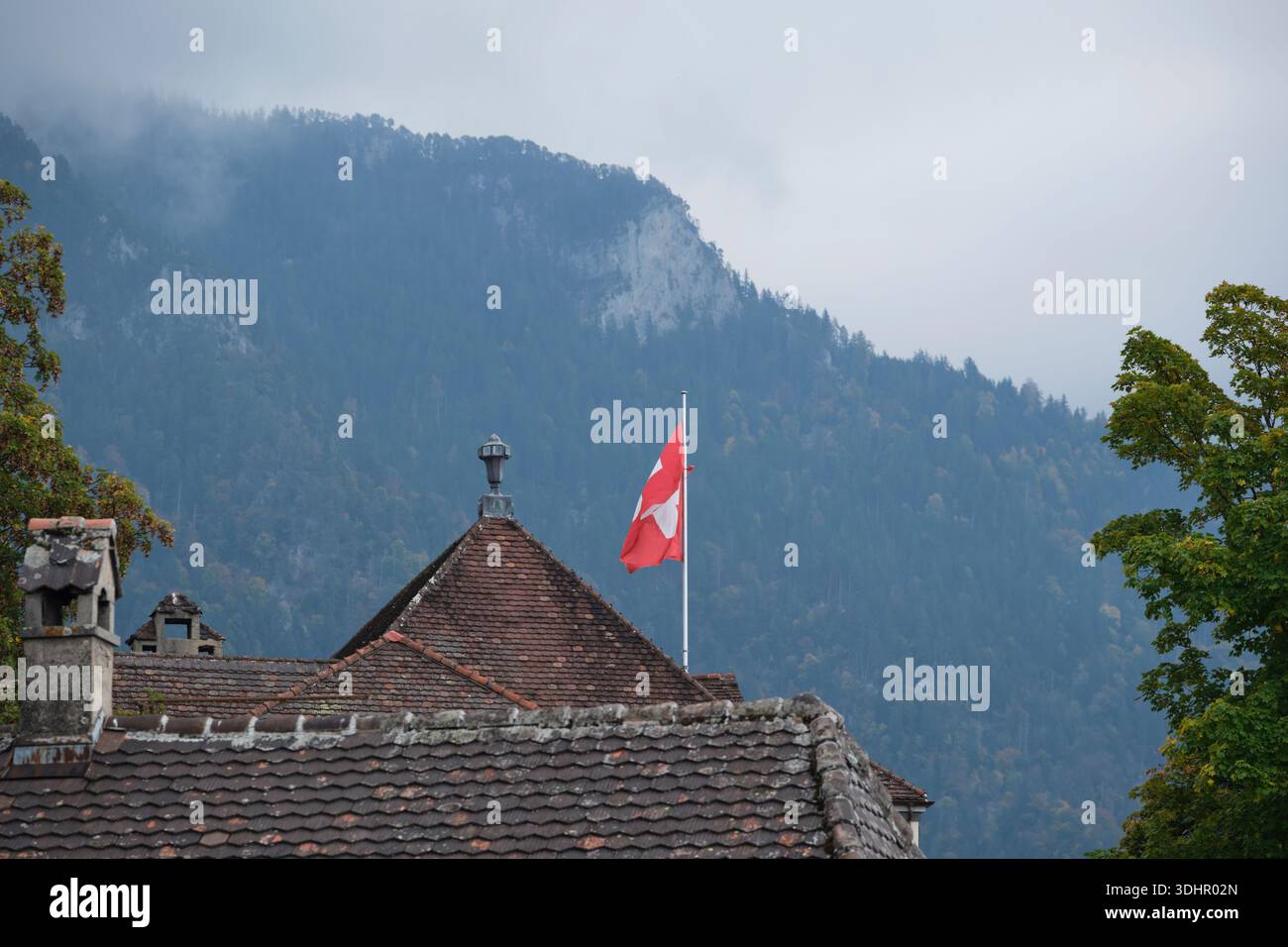 Schweizer Flagge über dem Dach am Thunersee Stockfoto