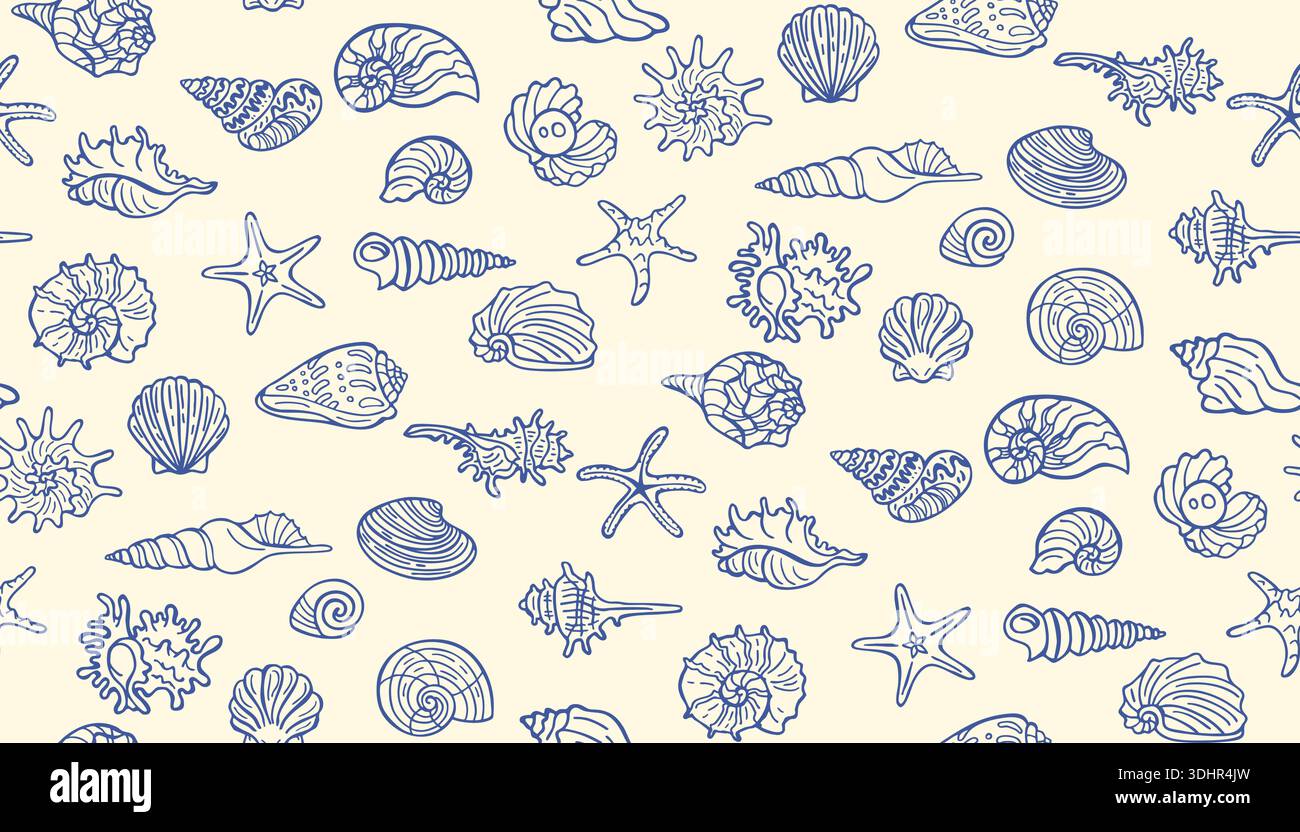 Nahtloses Muster mit handgezeichneten Muscheln im Retro-Marine-Doodle-Stil. Nautische Sommerstimmung, elegante Küstentextur, Unterwasser-Ozeanleben wiederholen Design Hand gezeichneter Muschelvektor Hintergrund Stock Vektor