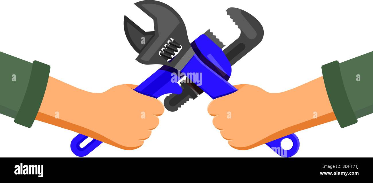 Sanitär-Servicekonzept Reparatur und Installation von Symbolen Hände mit Schlüssel und Schraubenschlüssel. Isolierte Vektordarstellung Stock Vektor