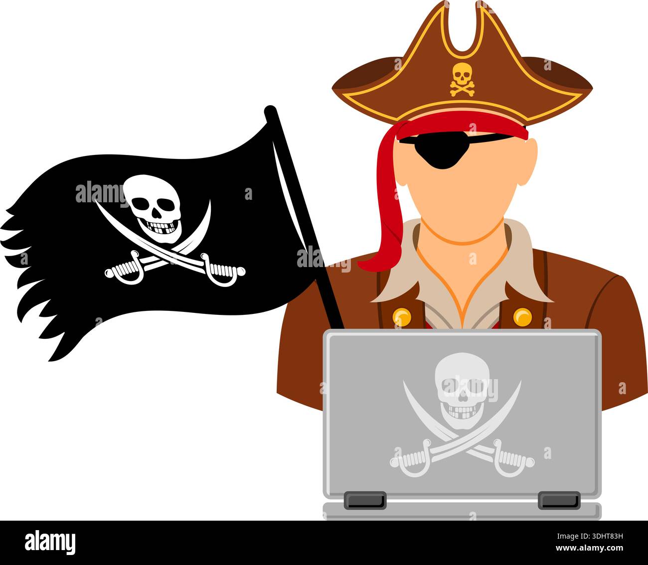 Piraterie-Vektor-Konzept mit flachen Symbolen für Flyer, Poster, Website, Werbung wie Pirate, Laptop und Flagge. Stock Vektor