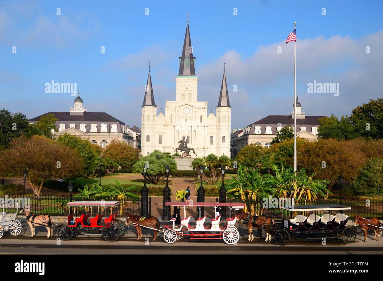 Kutschfahrten stehen für die nächste Gruppe vor der St. Louis Cathedral, einer Kirche auf Jackson Square Stockfoto