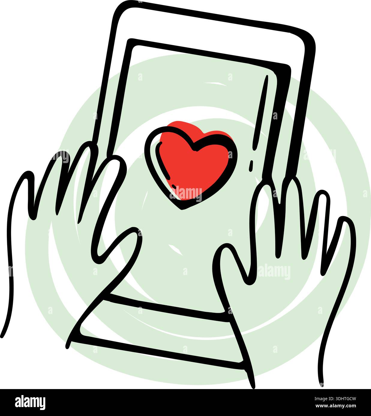 Hände halten Smartphone mit rotem Herzen auf dem Bildschirm, virtuelles Dating und Fernliebe Konzept, handgezeichnetes Doodle. Stock Vektor