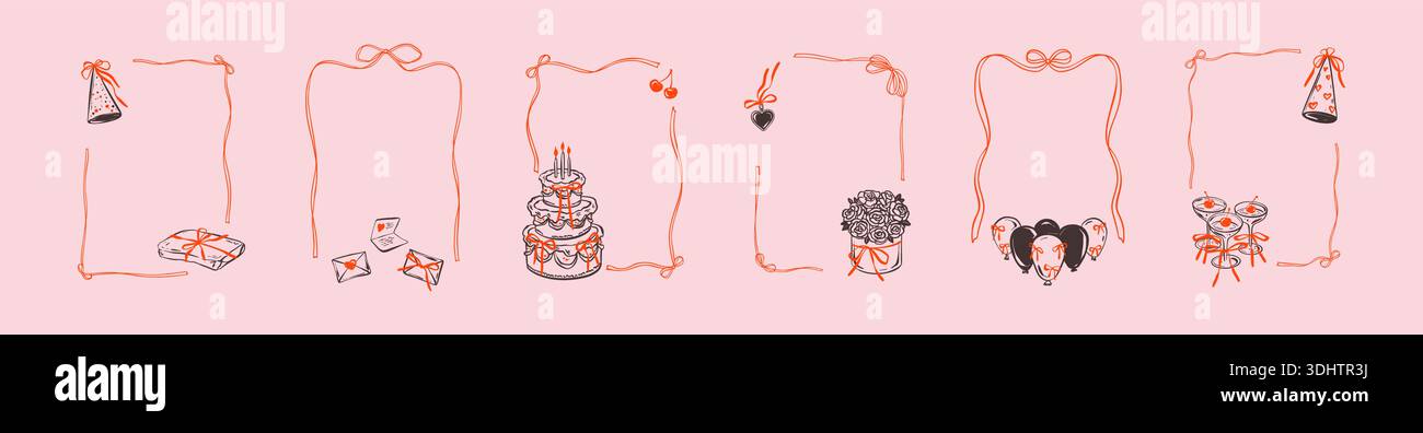 Happy Birthday Girly feminine Coquette Rahmen Set. Handzeichnung mit Buntstift und Kritzelzeichnung mit antiker Borte. Geburtstagskuchen mit Kerzen, fliegenden Ballons, Martini A Stock Vektor