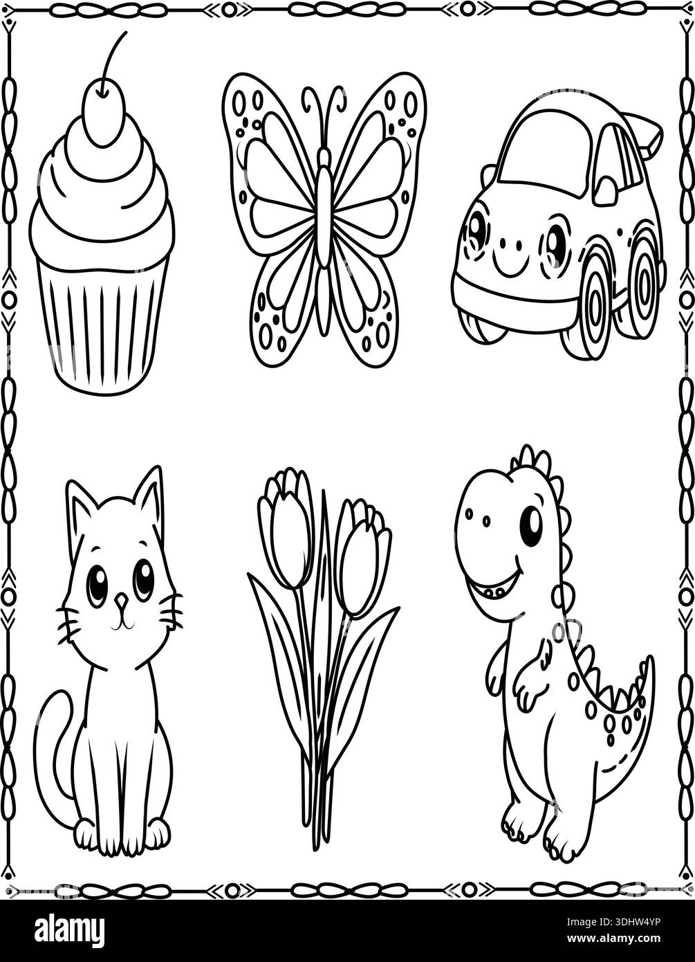 Niedliche Kunstkollektion in Schwarz und weiß für Malkunst und Kunstpraxis für Kinder. Ausmalseite Für Kinder Und Erwachsene. Stock Vektor