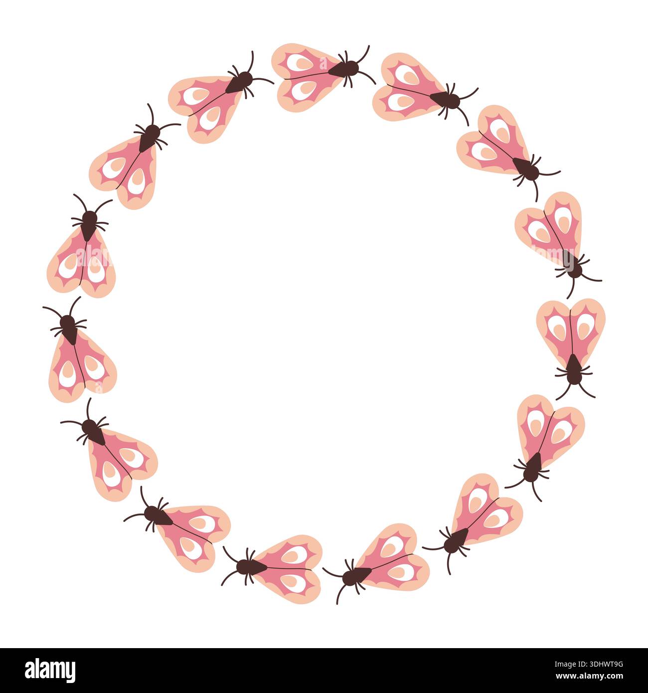 Sommer-Rundrahmen mit rosafarbenen Schmetterlingen und gefalteten Flügeln. Frühjahrsillustration von Insekten und Schmetterlingen im flachen Stil. Stock Vektor