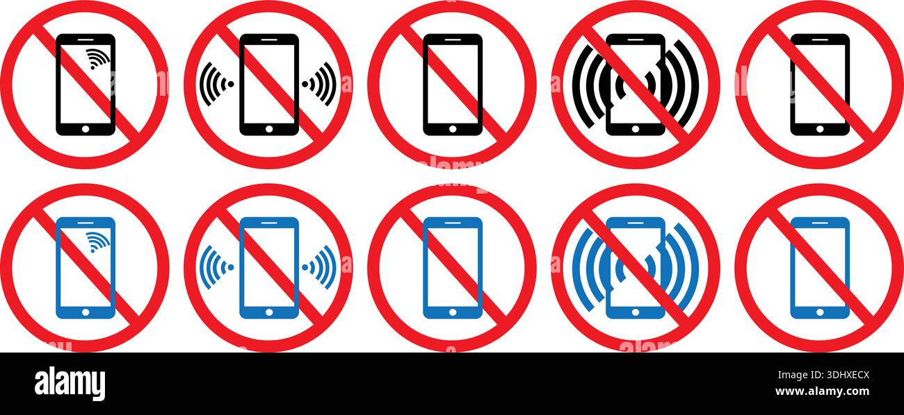 Keine Mobiltelefone zulässig Zeichensymbole mit WLAN-Signalsperre Stock Vektor
