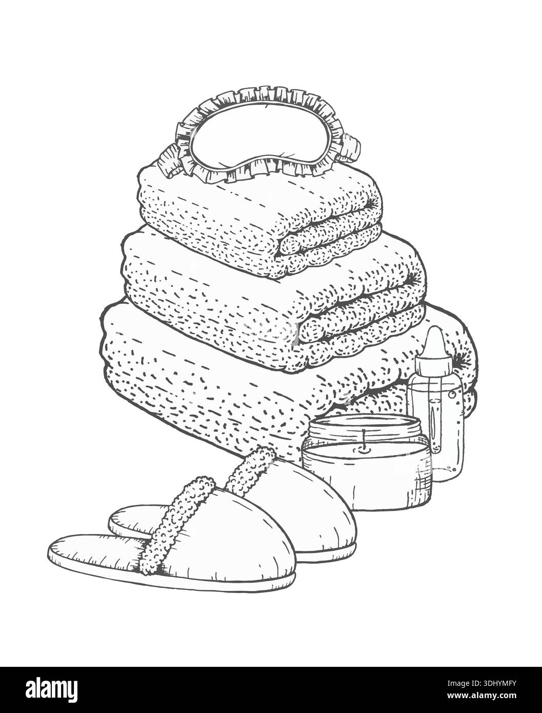 Tusche Illustration von gefalteten Handtüchern mit Hausschuhen und Spa-Accessoires, handgezeichnete grafische Linie für Wellness-Branding, Beauty-Verpackung, Spa-Design o Stock Vektor