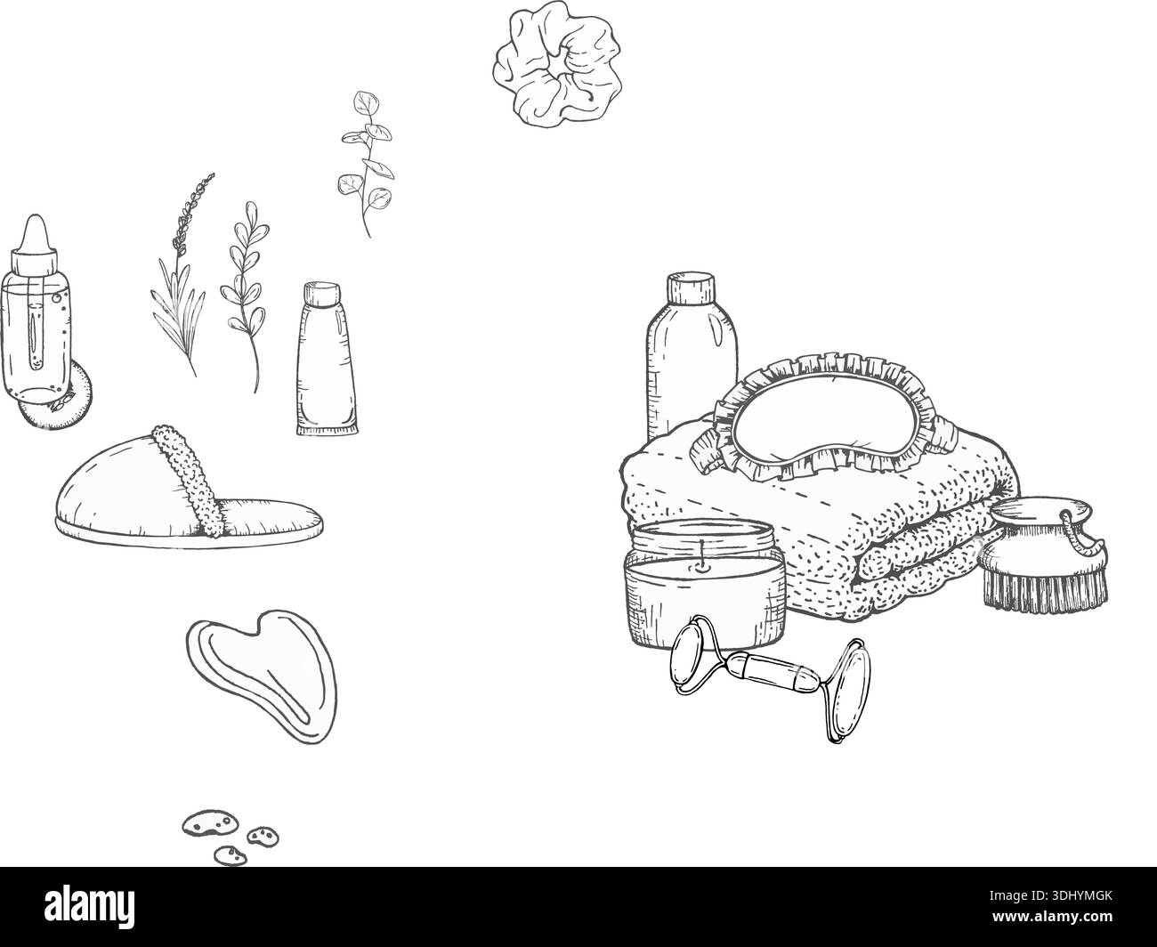 Tusche Illustration der Spa-Augenmaske mit Kerze und Kosmetikglas, handgezeichnete grafische Liniengrafik für Wellness-Branding, Beauty-Verpackung oder Entspannungskonce Stock Vektor