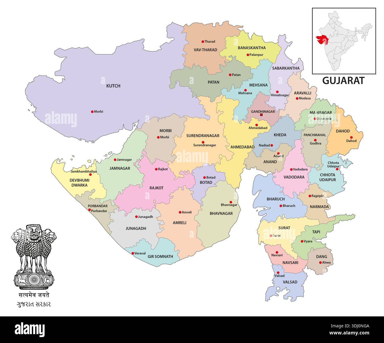 Verwaltungskarte des indischen Bundesstaates Gujarat Stockfoto