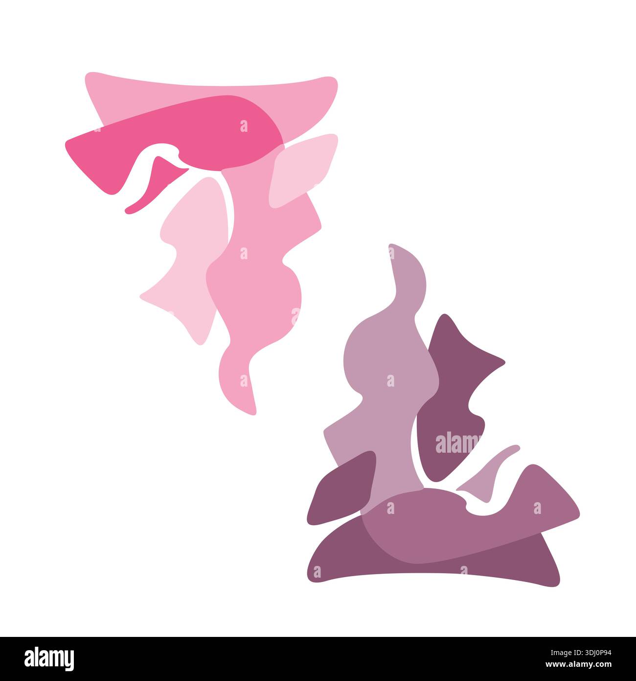 Duofarbene rosa und lila Formen, die sich in fließende rhythmische Harmonie, brennende Flammen oder fließende Flüssigkeit verschmelzen. Vektorformen für feminine Produktlinien Stock Vektor