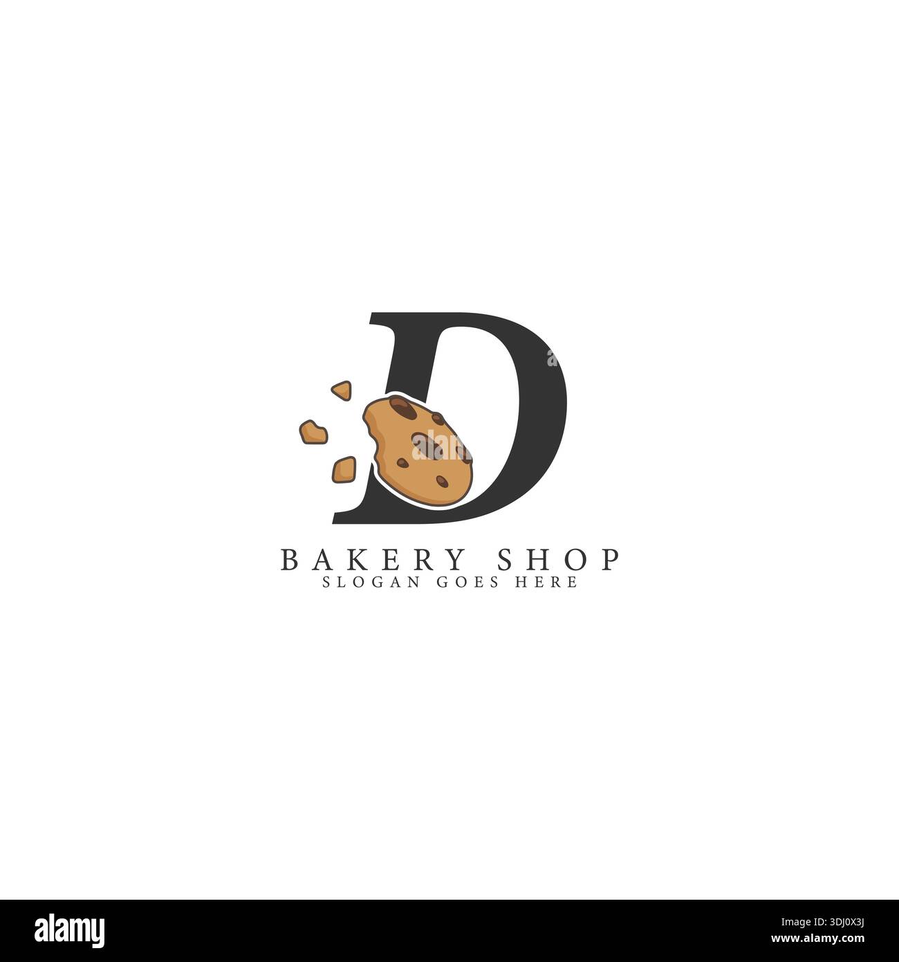 Logo mit Buchstabe D und Cookie-Illustration. Design-Symbol für Bäckerei und Süßigkeiten mit Buchstabe D Stock Vektor