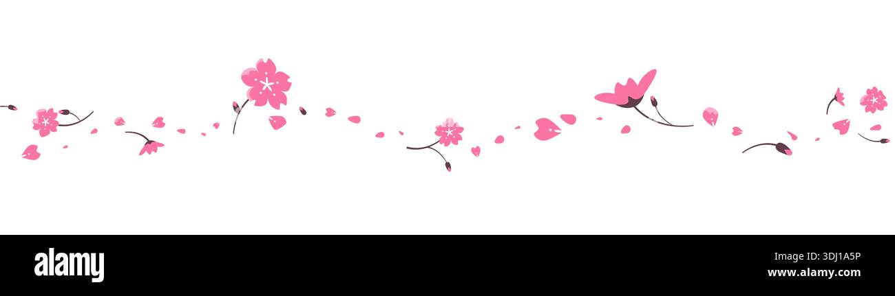 Sakura-Blüten-Rand mit fallenden rosa Blüten. Kopfzeile für den Frühjahrsverkauf, horizontaler Rahmen für Banner, Textteiler im japanischen Stil, Überschrift für Stock Vektor