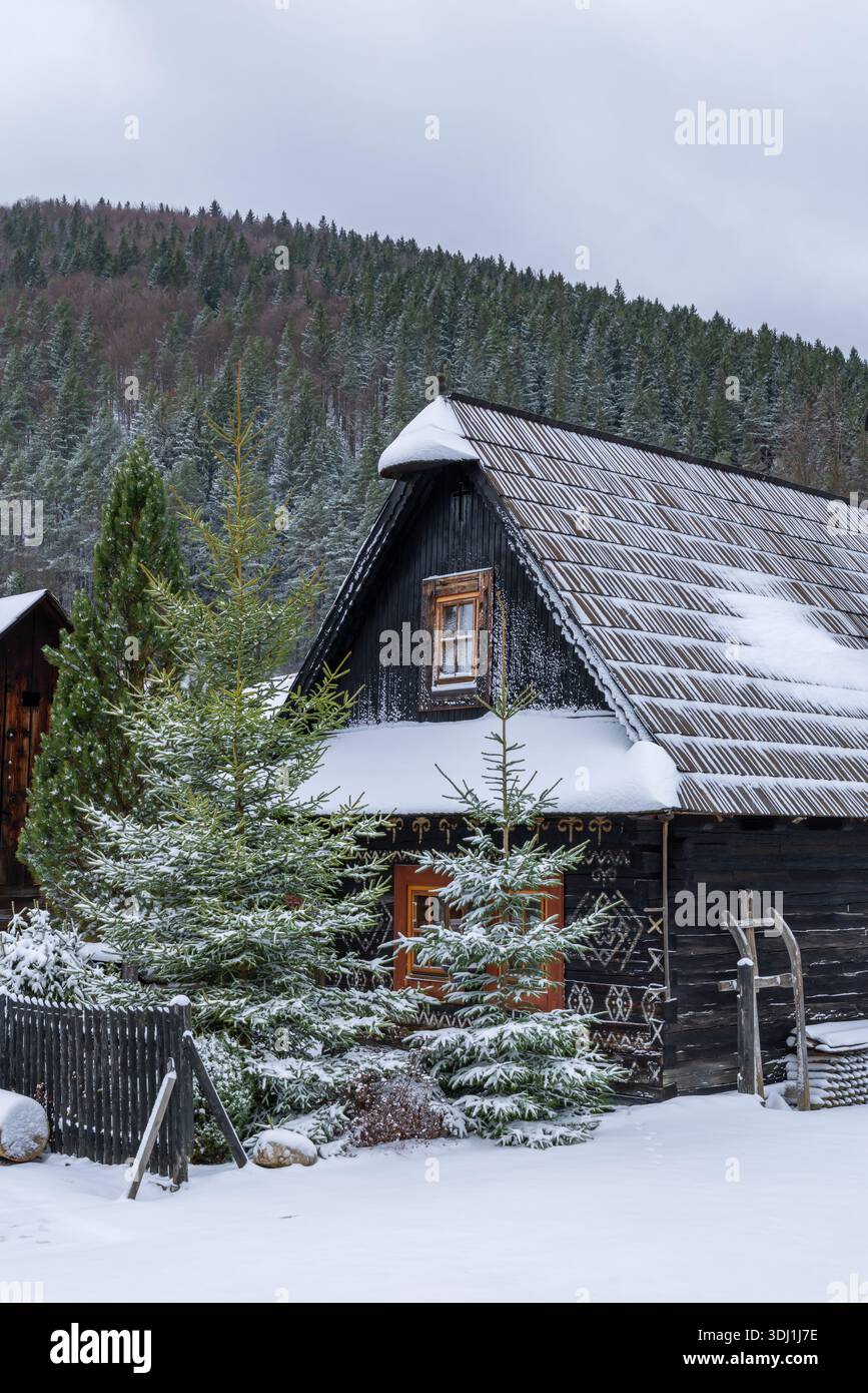 Cicmany traditionelles Holzhaus mit volkstümlichen Mustern im Winterschnee Stockfoto