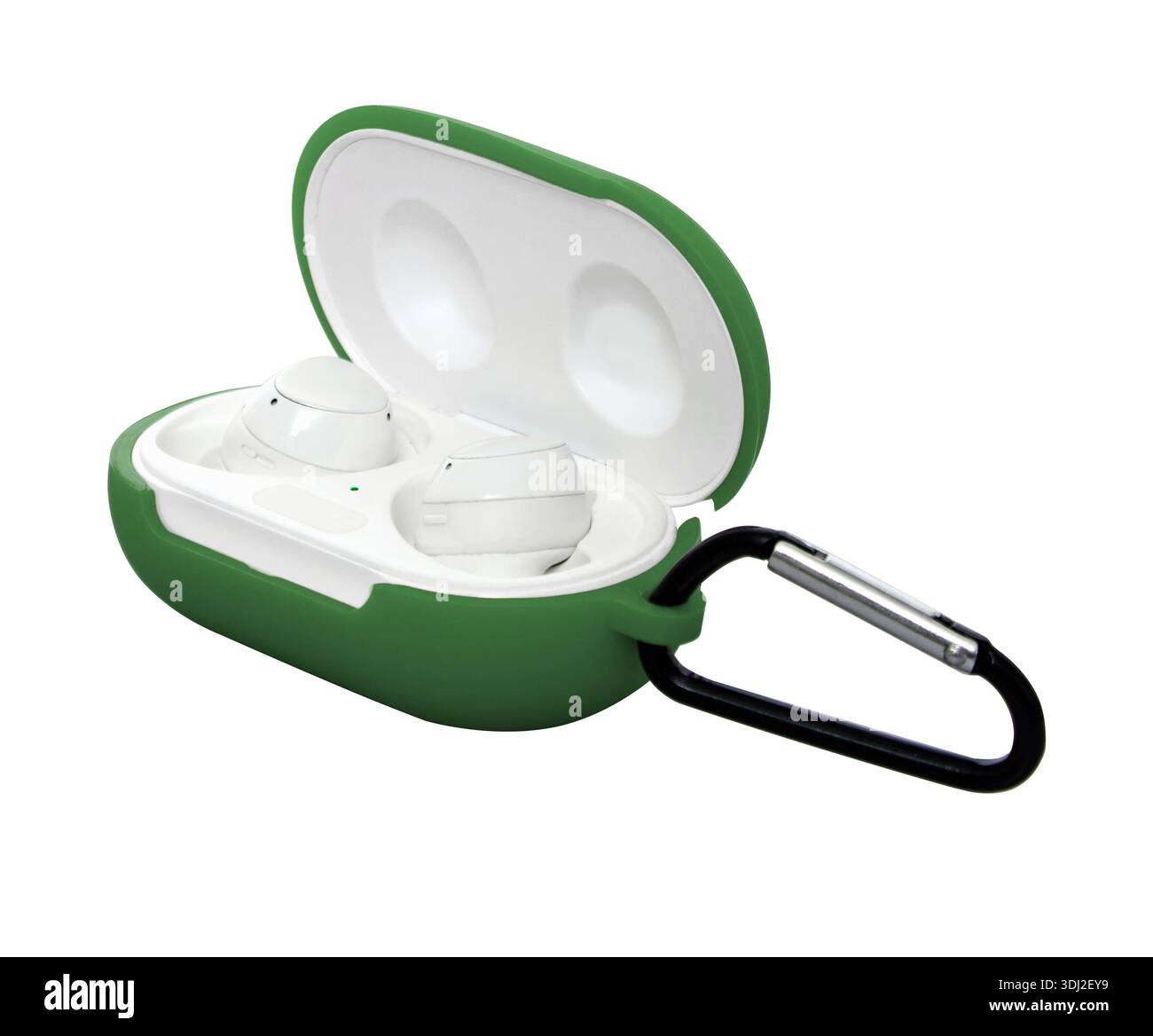 Kabellose Kopfhörer in einer Silikonhülle mit Karabiner Stockfoto