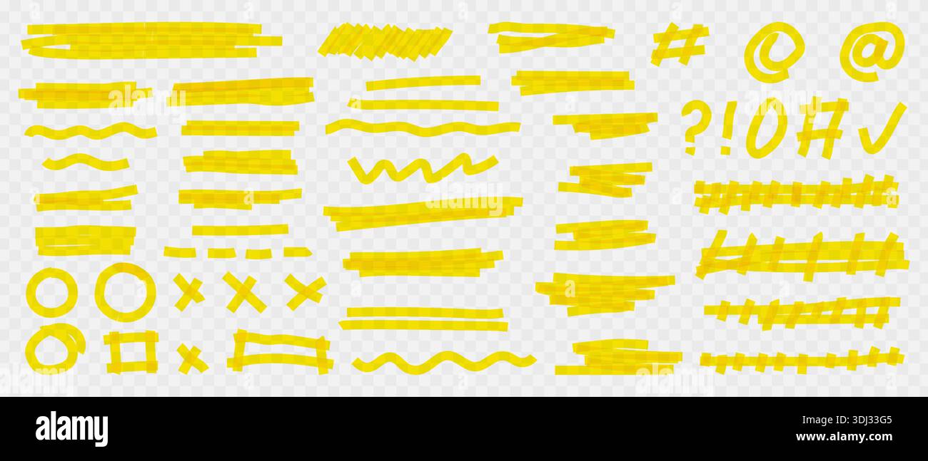Markierungslinien für gelbe Filzspitzen, Markierungsstriche mit Pinsellinien, handgezeichnete Unterstriche, Kreuze und wellige Akzente, Markierungslinien für Doodle Stock Vektor