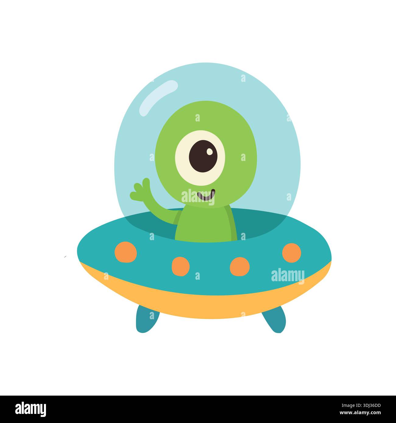 Freundliche Alien winken aus fliegenden UFO in farbenfroher Weltraumszene, die für Science-fiction-Inhalte für Kinder, Abenteuergeschichten und fantasievolles Design entwickelt wurde Stock Vektor